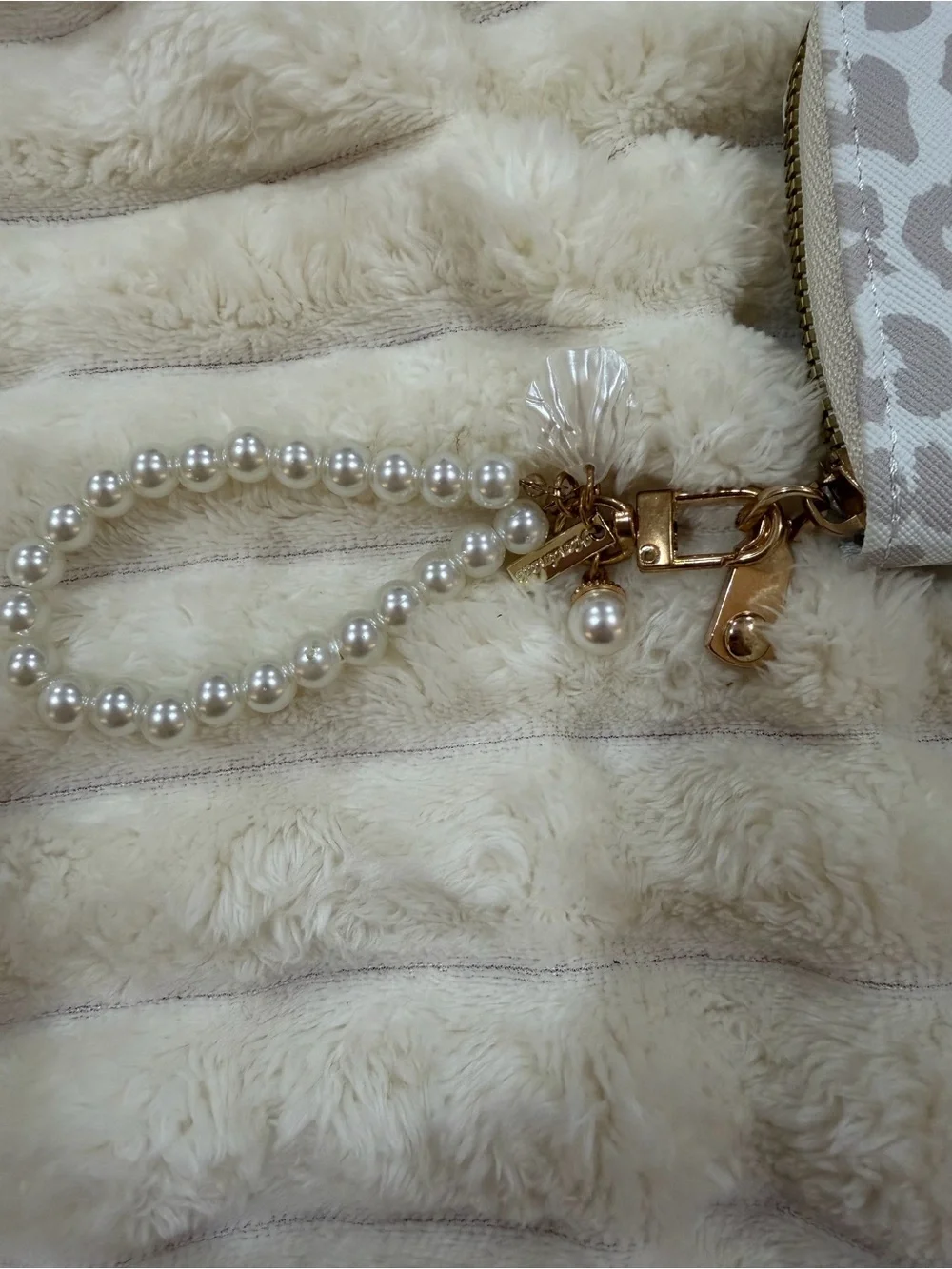 Leopard Print Small Wallet with Pearl Wristlet - Taupe/White